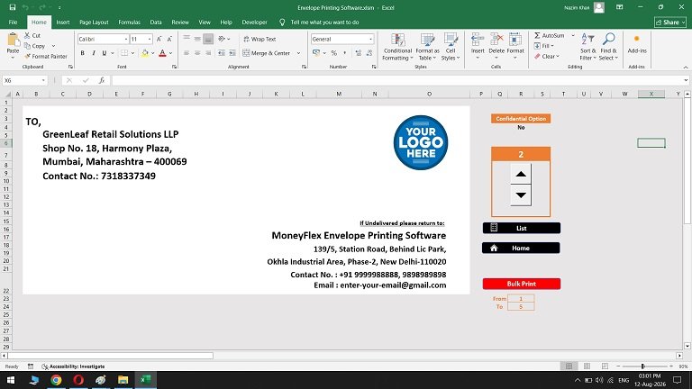 MoneyFlex Envelope Printing Software Screenshot